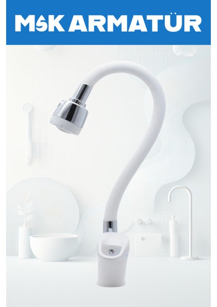 Beyaz Krom Detay Mutfak Eviye Bataryası Oynar Borulu 2 Fonksiyonlu Musluk