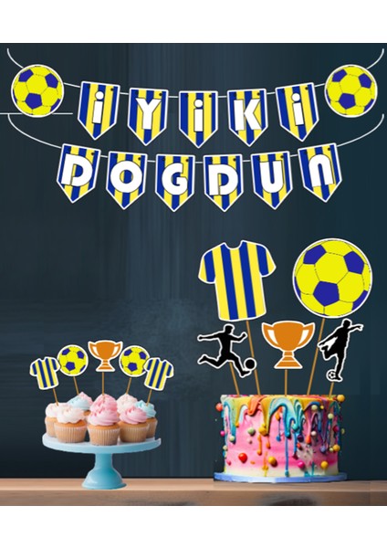 Futbol Taraftar Set 32 Parça Sarı Lacivert Doğum Günü Seti Banner Pasta Kürdanı Cupcake Süsü Set