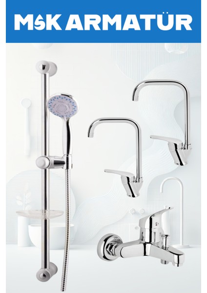 Krom Sürgülü Köşe Eviye Lavabo Banyo Bataryası 4 Lü Set