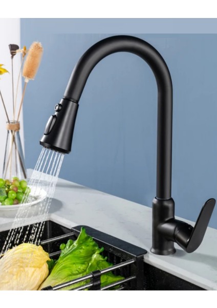 Siyah Spiralli Mutfak Evye Bataryası Çift Modlu Tasaruf Fonksiyonlu Mat Siyah Uzatmalı Eviye Musluk