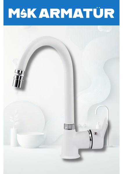 Beyaz Krom Armut Oynar Başlıklı Baston Eviye Bataryası Çeşmesi