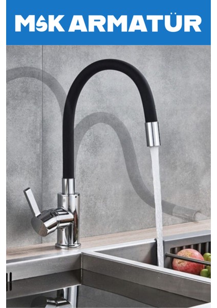 Krom Armut Siyah Oynar Borulu Düz Eviye Bataryası Çeşmesi