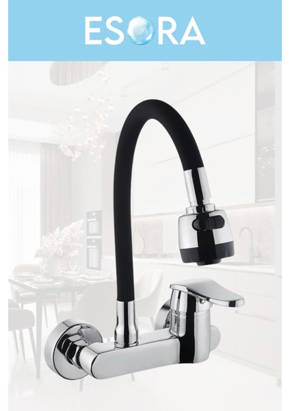 Siyah Krom 2 Fonksiyonlu Oynar Borulu Duvardan Mutfak Bataryası Çeşmesi Musluğu