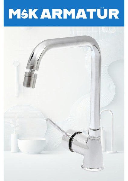 Krom Armut Köşe Oynar Başlıklı Mafsallı Eviye Bataryası Çeşmesi