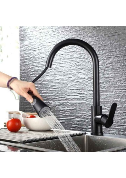 Siyah Mat Oynar Başlıklı Fonksiyonlu Spiralli Eviye Mutfak Lavabo Batarya Pirinç Malzeme