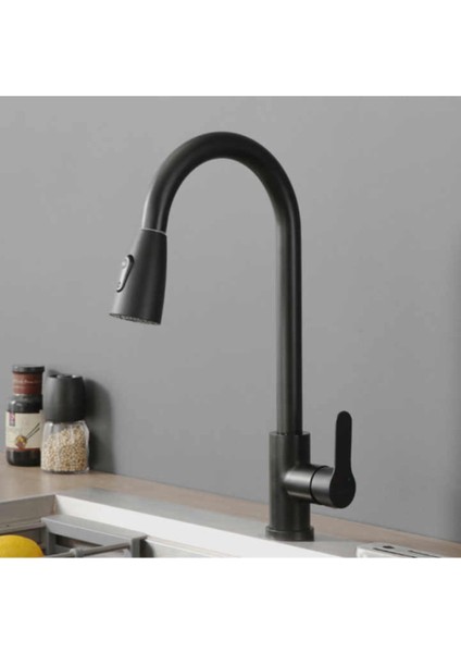 Siyah Mat Oynar Başlıklı Fonksiyonlu Spiralli Eviye Mutfak Lavabo Batarya Pirinç Malzeme fırsatları