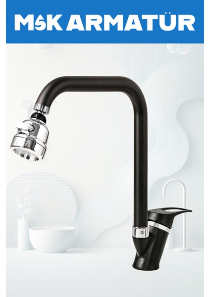 Siyah Krom Köşe 3 Fonksiyonlu Eviye Bataryası Çeşmesi