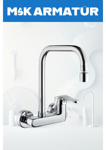 Duvardan Oynar Uçlu Mutfak Bataryası Çeşmesi Musluğu