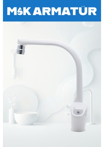 Beyaz Krom Oynar Başlıklı Balıksırtı Eviye Bataryası Çeşmesi