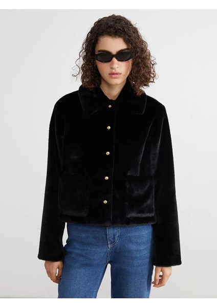 Xsıde Siyah Gömlek Yaka Kadın Kürk Mont