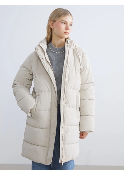 Xsıde Bej Kapüşonlu Kadın Şişme Mont