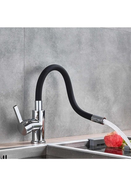 Siyah Spiral Hareketli Borulu Lüx Mutfak Eviye Bataryası Musluğu Çeşmesi