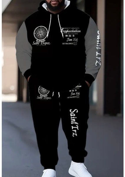 Büyük Beden Özel Tasarım Kapüşonlu Moments Pusula Baskılı %100 Pamuk Luxury Erkek Eşofman Takımı