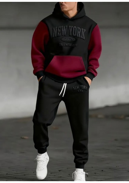 Büyük Beden Özel Tasarım New York Baskılı Kapüşonlu Bordo-Siyah Kışlık Erkek Eşofman Takımı