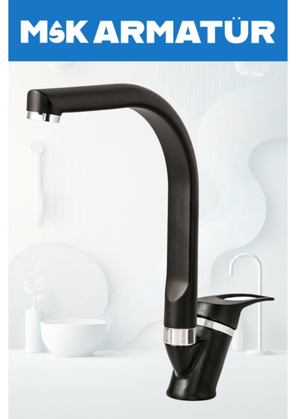 Siyah Krom Armut Balıksırtı Oynar Başlıklı Eviye Bataryası Çeşmesi