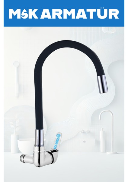 Duvardan Tek Su Çıkışlı Siyah Oynar Düz Borulu Eviye Lavabo Bataryası