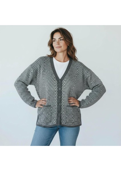 Desenli Mimoza Örme Triko V Yaka Cepli Hırka