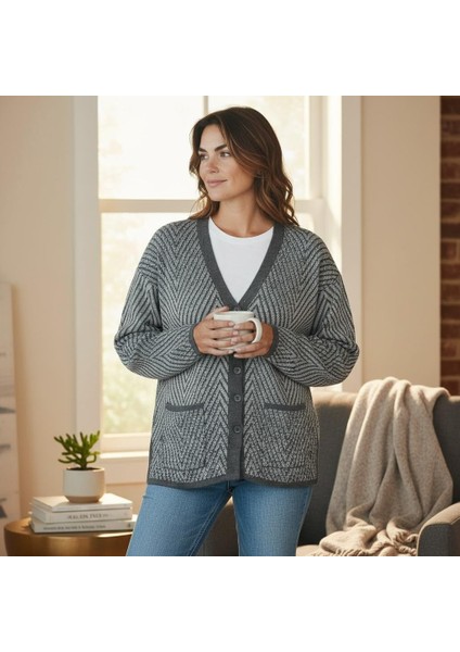 Desenli Mimoza Örme Triko V Yaka Cepli Hırka fiyatları