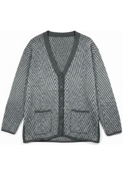 Desenli Mimoza Örme Triko V Yaka Cepli Hırka modelleri