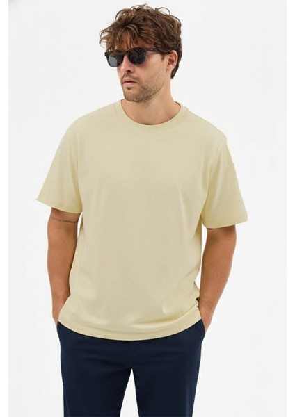 Erkek Premium Kalite Yoğun Dokulu Pamuklu T-Shirt Açık Sarı M101-R0220-03