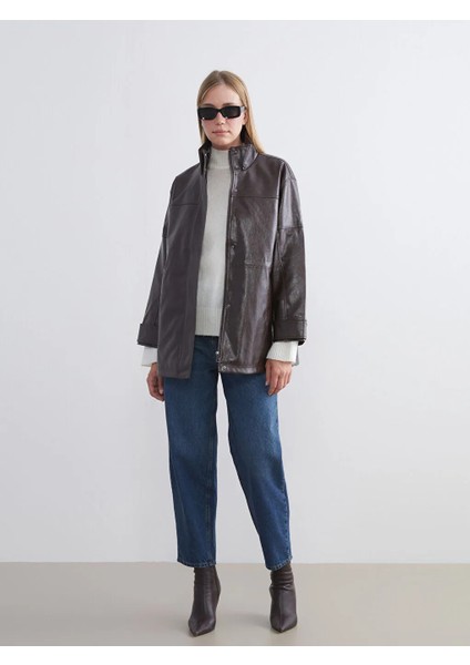 Lcwaıkıkı Classic Kahverengi Dik Yaka Oversize Kadın Deri Görünümlü Mont fiyatları