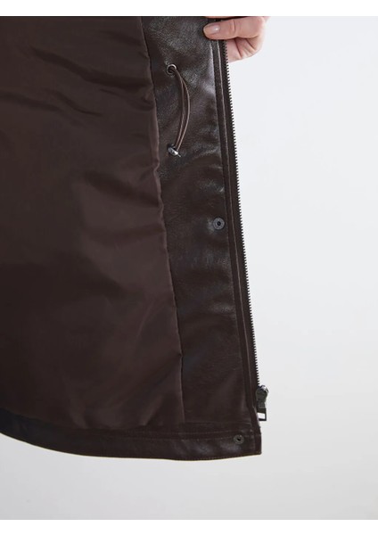 Lcwaıkıkı Classic Kahverengi Dik Yaka Oversize Kadın Deri Görünümlü Mont modelleri