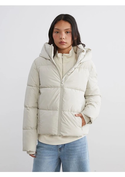 Xsıde Bej Kapüşonlu Kadın Şişme Mont