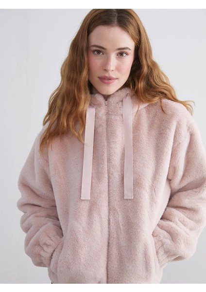 Xsıde Pembe Kapüşonlu Kadın Kürk Mont