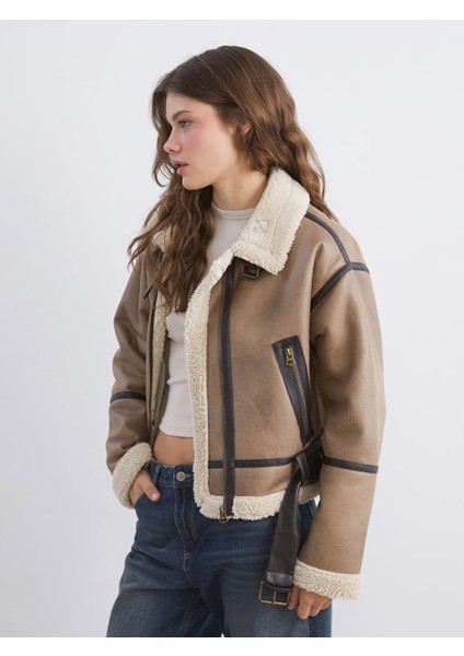 Xsıde Kahverengi Kürk Yaka Oversize Kadın Süet Mont