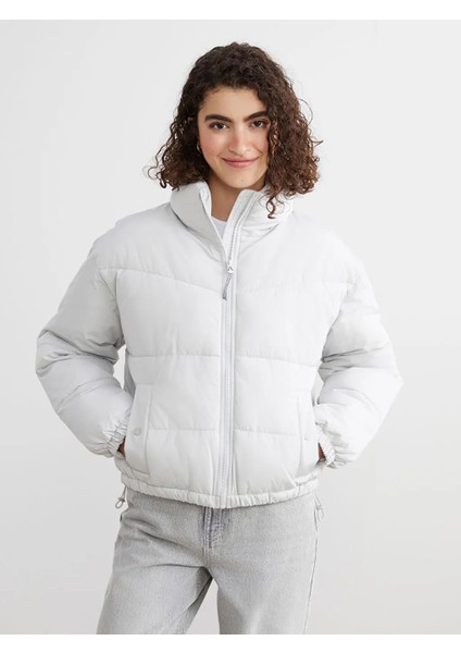 Xsıde Gri Dik Yaka Oversize Kadın Şişme Mont