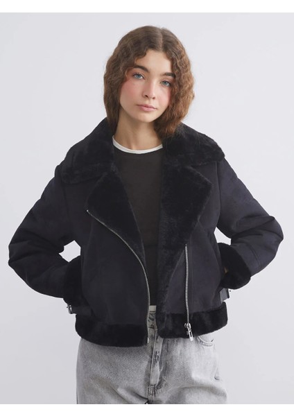 Xsıde Siyah Kürk Yaka Kadın Süet Görünümlü Mont