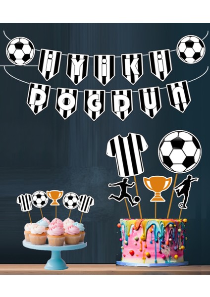 Taraftar Futbol Set 32 Parça Tam Set Siyah Beyaz Taraftar Doğum Günü Seti Banner Pasta Kürdanı Cupcake Süsü Seti