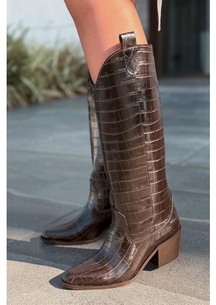 Rovina Kadın Kovboy Çizme Acıkahve Parlak Deri Desenli