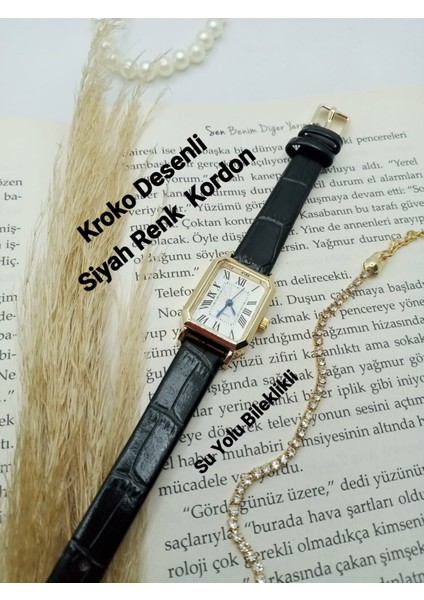 Kadın Kol Saati Vintage Gold Kasa- Oval Model- Siyah Kroko Desenli Kordon TT0054
