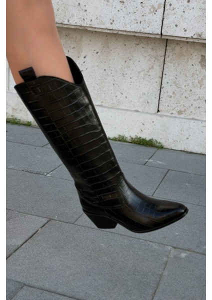 Rovina Kadın Kovboy Çizme Siyah Parlak Deri Desenli fırsatları