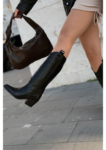 Rovina Kadın Kovboy Çizme Siyah Parlak Deri Desenli indirimleri