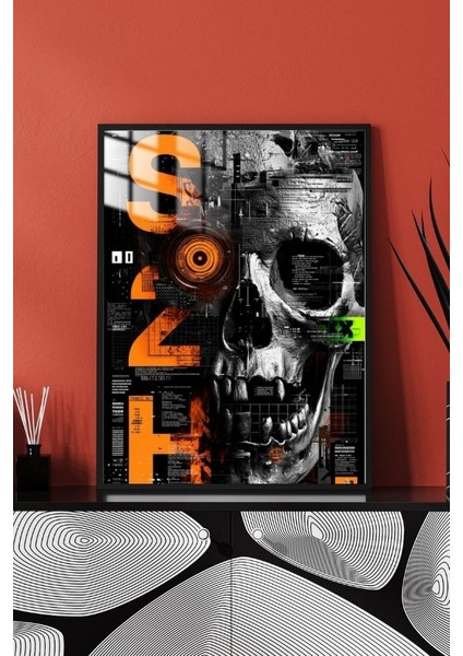 Ghost In The Code Orange Kafatası Tasarım Çerçeveli Metal Poster Tablo modelleri