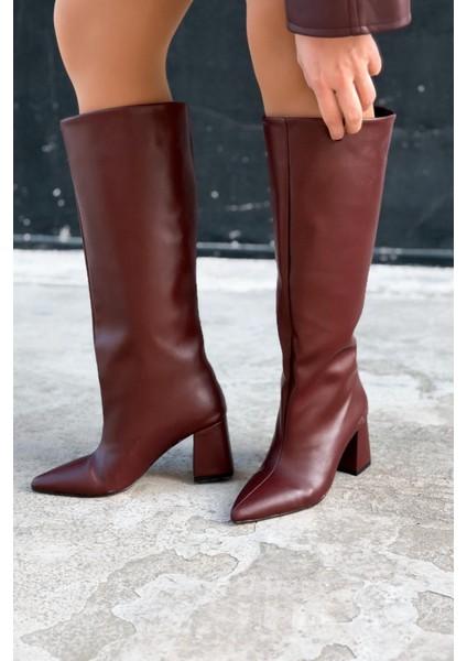 Jarlene Kadın Topuklu Çizme Bordo Mat Deri