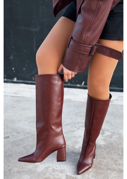 Jarlene Kadın Topuklu Çizme Bordo Mat Deri indirimleri