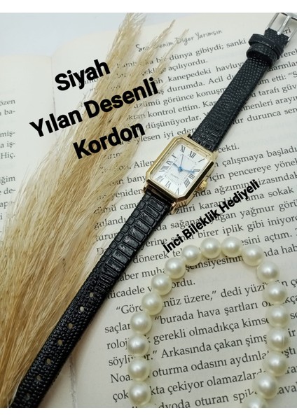 Kadın Kol Saati Vintage Gold Kasa- Oval Model- Siyah Yılan Desenli Kordon TT0054