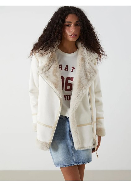 Xsıde Bej Kürk Yaka Kadın Süet Görünümlü Mont