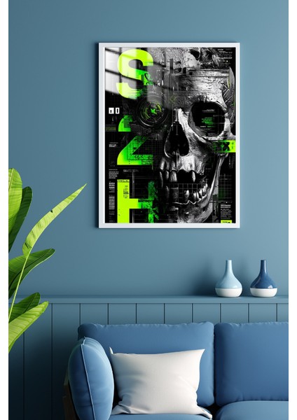 Ghost In The Code Green Kafatası Tasarım Çerçeveli Metal Poster Tablo