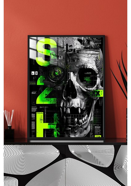 Ghost In The Code Green Kafatası Tasarım Çerçeveli Metal Poster Tablo modelleri
