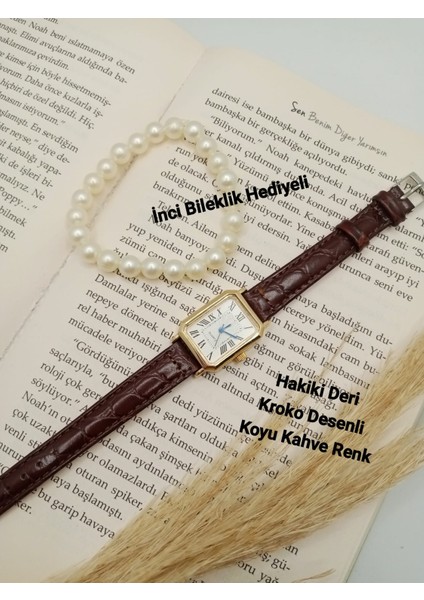 Kadın Kol Saati Vintage Gold Kasa- Oval Model- Hakiki Deri Koyu Kahve Kroko Kordon TT0054