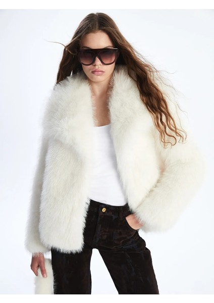 Xsıde Ekru Ceket Yaka Kadın Kürk Mont