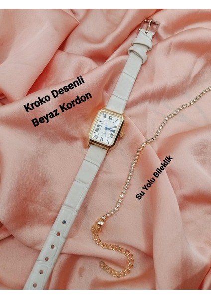 Kadın Kol Saati Vintage Gold Kasa- Oval Model- Beyaz Kroko Desenli Kordon TT0054