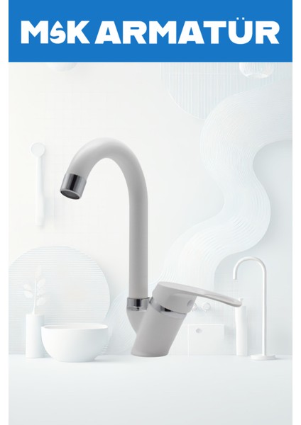 Beyaz Baston Lavabo Bataryası Çift Su Grişli Çeşme Banyo Musluğu Mutfak Çeşmesi 2 Yıl Garantili