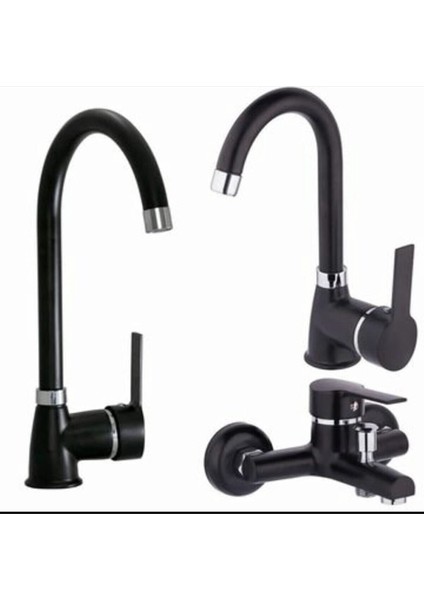 3 Yıl Garantili Siyah Mutfak Eviye Bataryası Lavabo Çeşmesi Banyo Bataryası Takımı