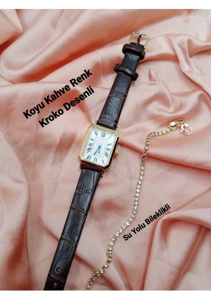 Kadın Kol Saati Vintage Gold Kasa- Oval Model- Koyu Kahve Kroko Desenli Kordon TT0054