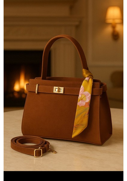 Ön Kemerli Fularlı Nubuk Çanta